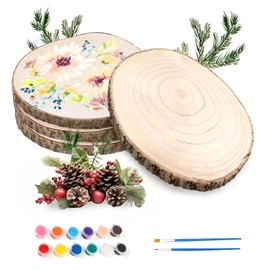 Pack of 4 Wooden Discs, 18-20 cm and a Thickness of 15 mm Round Tree Disc, Wooden Plate, Unfinished Wooden Circles with Paints & Pens for Centerpieces, Wooden Painting, Coasters, Crafts, DIY