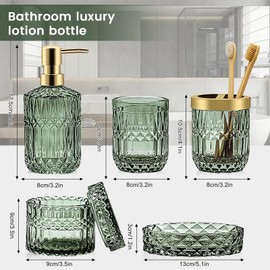 Green Bathroom Accessories Set, 5 Pcs Vintage Diamond Clear Glass Bathroom Set Include Lotion Soap Dispenser, Soap Dish, Toothbrush Holder, Tumbler, Cotton Swab Jar for Modern Bath Countertop Decor