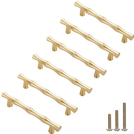 ESreake 6Pcs Bamboo Shape Solid Zinc Alloy Cabinet Knobs Handles, Dresser Drawer Cabinet Cupboard Closet Door Pulls Decorative Furniture Accessories KnobS (Length 4.9"/Hole Distance 3.8", Golden)