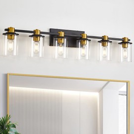 Bathroom Vanity Light, 6 Light Black and Gold Bathroom Light Fixtures, Sconces Wall Lighting with Clear Glass Shade, Modern Brushed Gold Vanity Lighting fixtures for Bathroom, Bedroom, Hallway