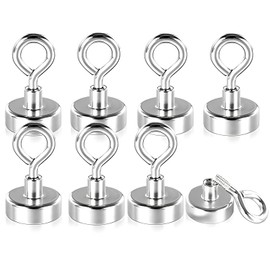 Wukong Pack of 8 Magnetic Hooks, Extra Strong, 10 kg (22 lbs) Tensile Force Eyelet Magnet Super Powerful Round Neodymium Magnets Strong, Magnets with Hooks, Suitable for Kitchen, Living Room and
