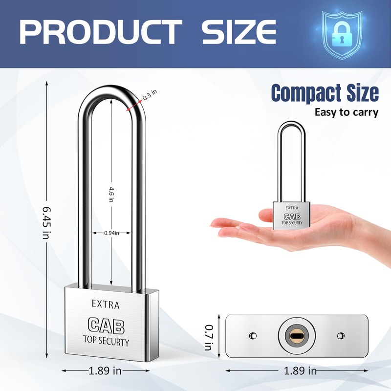 Lengthened Padlock with 6 Keys, 50mm Long Shackle Padlock High