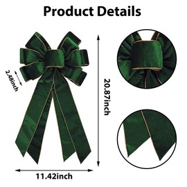 Large Christmas Bow for Wreath 20 * 11inch Vintage Green Wreath Bow Golden Edged Velvet Tree Topper Ornament Decorative Bow for Xmas Winter Home Outdoor Indoor Party