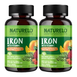 NATURELO NATURELO Vegan Iron Supplement with Vitamin C and Organic Whole Foods - Gentle Iron Pills for Women & Men with Iron Deficiency Including Pregnancy, Anemia and Vegan Diets - 90 Mini Capsules (Pack of 2)