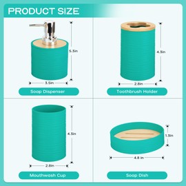 Bamboo Bathroom Accessories Set 4 Pcs, Bathroom Accessory Set with Soap Dispenser and Toothbrush Holder, Soap Dish and Mouthwash Cup, Boho Bathroom Decor(Lake Green)