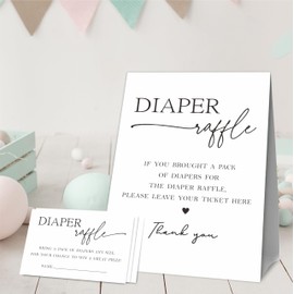 Baby Shower Games, 1 Diaper Raffle Standing Sign with 50 Diaper Raffle Tickets, Pure white Theme Baby shower Party Decorations and Supplies For Boys or Girls(LBLK-D01)