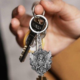 Anwlki Guardian Angel Keyring Angel Car Keyring Pendant Medal Plaques Drive Never Faster Than Your Guardian Angel Can Fly Car Motorcycle Drivers Patron Saint, Old silver