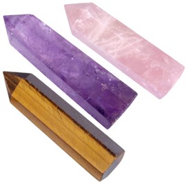 mookaitedecor Pack of 3 Natural Crystal Dots, Healing Crystal Rods Faceted Aura Rock Obelisk Tower for Reiki Chakra Therapy Meditation, Amethyst & Rose Quartz & Tiger's Eye