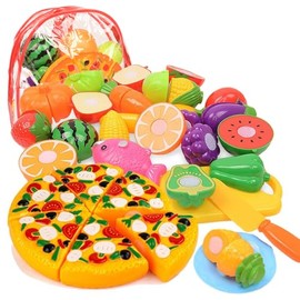 Set de Juguete para Cortar, Pizza Frutas y Verduras de Juguete para Cortar, Comida de Juguetes de Cocina con Mini Platos, Juguetes Didácticos Cognitiv