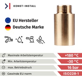 Extension Fitting, 1/2 Inch, 30 mm, Brass, Threaded Fitting, Suitable for Heating and Drinking Water Systems