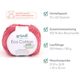 Gründl Eco Cotton Wool (Yarn Made from 100% Organic Cotton, Oeko-Tex® Certified, Easy to Clean and Washable, 50 g/105 m, Needle Size: 3.50-4.50 mm, 10 x 50 g), Rose