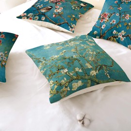 Set of 4 Cushion Covers 45 x 45 cm, Linen Paisley Floral Pattern Square Decorative Cushion Covers, Blue, Set 3