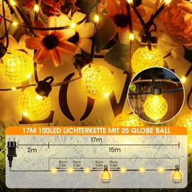 NIBSHOOM Lichterkette Au?en, 100 LED 17M Dimmbare LED Lichterkette mit 8 Modi, Memory Funktion&Timmer Funktion, IP65 Lichterkette Au?en Strom fr Outdoor, Terrasse, Balkon, Hochzeit, Party, Garten, Warmwei?