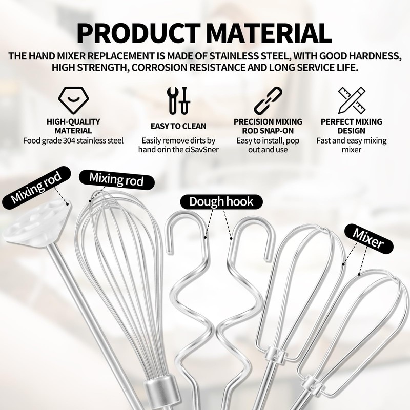 BOXOB 6pcs Hand Mixer Attachments Set, Stainless Steel Dough Hooks