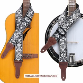 Nefelibata Banjo Strap, 2"Wide Full Grain Cowhide Guitar Strap Adjustable Replacement,Multi-pattern Guitar Strap With Headstock Rope and Leather Headband(White Flower Embroidery)