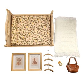 Dolls House Modern Bedroom Accessory Pack, Includes Coat Hangers, Pictures, Throw Rug, Compact, Handbag and Double Bed | Minimum World