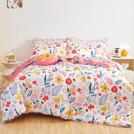 Mooreeke Floral Bed in a Bag for Kids Girls Teens, 8 Pieces Full Size Flower Comforter Bed Set with Shams, Sheet Set and Decorative Toy Pillow, Super Soft Microfiber Kids Comforter Bedding Set
