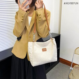 Bolsa Bandolera de Pana para Mujer - Bolsa de Hombro Práctica Bolso de Mano Reutilizable Tote Bag Hobos Amplias con Anillo de Cadena Correa de Piel para Viajes de Trabajo Escolar, Compras, Oficina