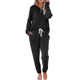 Cute Two Piece Outfits for Women, Womens Loungewear Set Long Sleeve Black L