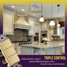 ENERLITES Triple Paddle Rocker Decorator Switch, Clamp-Type Back Insert, Copper Wires Only, Single Pole, Residential/Commercial Grade,UL Listed, 62755-GD, Gold