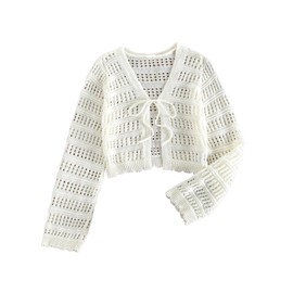 SHENHE Women's Tie Front Hollow Out Cover Up Summer Boho Knit Cardigan Crop Tops Beige Medium