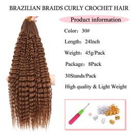Pre Looped Brazilian Micro Kinky Curly Crochet Hair, 8 Packs, 18 Inch Black Water Wave Micro Curly Braiding Hair Extensions, Deep Wave for Mini Senegalese Twist Hair (30#, 24 Inch (Pack of 8))