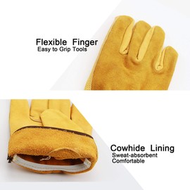 OZERO Cow Leather Work Gloves Stretchable Puncture and Cut Resistant for Industry, Construction, Farm, Garden (Large)