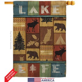 Lake Life House Flag Dowel Set Outdoor Lodge Rustic Cabin Moose Wildlife Adventure Forest Small Decorative Gift Yard Banner Double-Sided Made In USA 28 X 40