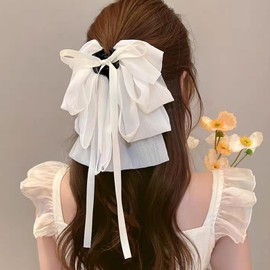 HAPVITAL Ruffled Ribbon, Hair Claw Large, Hair Ornament, Cute, Hair Clip, Mature Look, Hair Accessory, Clip, Banana Clip, Women's, Stylish, Korean Style, Office Gift (White)