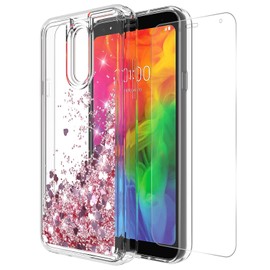LG Q7 Case, LG Q7+ Case, LG Q7 Plus Case with Tempered Glass Screen Protector, Rosebono Quicksand Glitter Sparkly Bling Liquid Shiny Clear Soft TPU Bumper Protective Cover for LG Q7 (Pink)