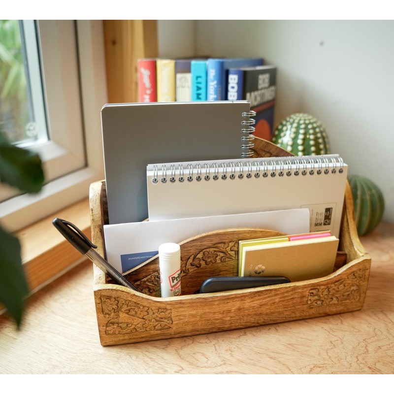 Purity Style Rustic Carved Wooden Letter Rack/Desk Tidy - Three