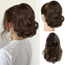 KooKaStyle Ponytail Extension, 10" Short Claw Clip in Pony Tails Hair Extensions Curly Wavy Synthetic Drawstring Hairpieces for Women(Light Brown Color)