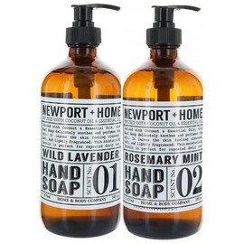 Energetic Pairing: 2-Pack Reusable Glass Bottles, Newport & Home Hand Soap - Wild Lavender and Rosemary Mint Infused with Essential Oil - 16 Fl oz Each, Crafted by Home & Body Co.