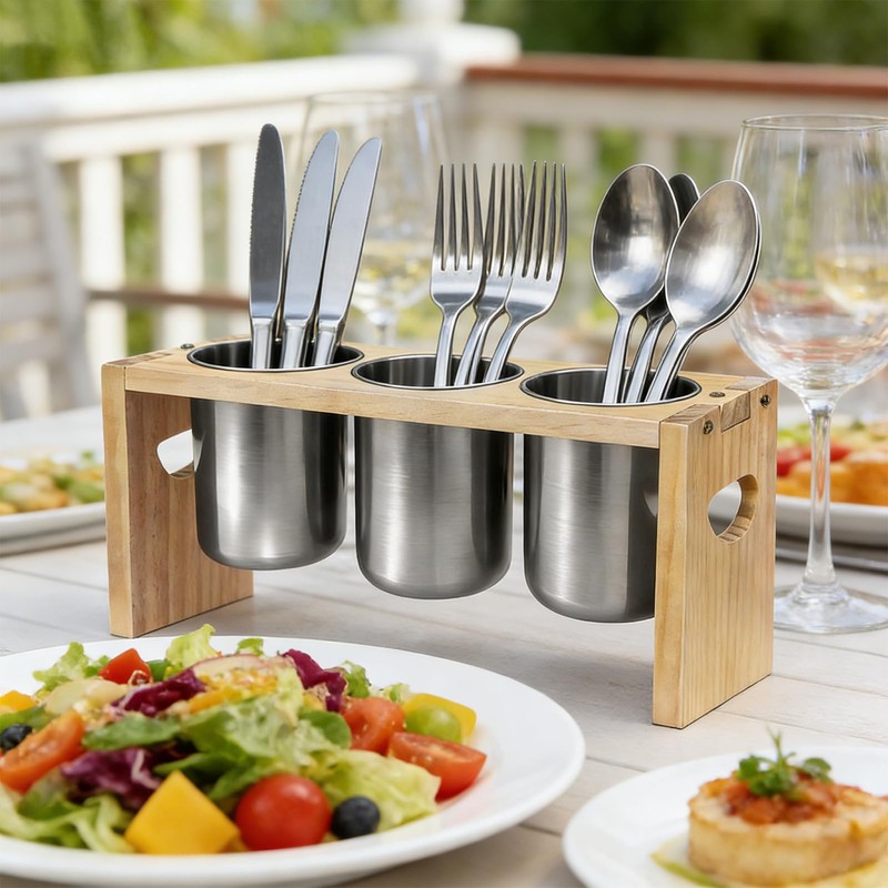 EcoDuck 3 Pack Utensil Holder, Stainless Steel Organizer with Wood