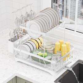 LIYI Dish Drying Rack,Large Dish Rack for Kitchen Counter,2-Tier Dish Racks with draining Tray,Detachable Capacity Dish Drainer Organizer,White