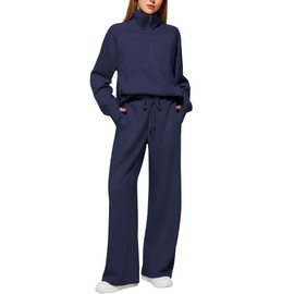 Casly Lamiit Two Piece Outfits for Women 2025 Trendy Tracksuit Set Pullover Sweatshirt Wide Leg Sweatpants Loungewear Matching Set Sweatsuit Airport Outfits Fall Winter Clothes Navy Blue XL