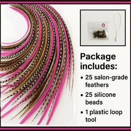 25 Feather Hair Extension Kit 7"-13" long – 100% Real Rooster Feathers – Long, Natural Strands by Sexy Sparkles (Browns & Pink)