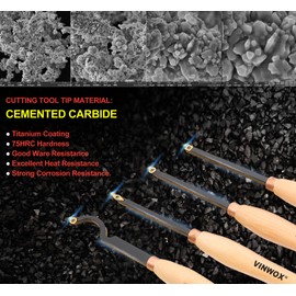 VINWOX 20" Full Size 4 PCS Carbide Wood Lathe Turning Tool Set, Including Swan Neck Hollower, Rougher, Finisher, Detailer, Titanium Coated Carbide Blades 2X Extended Service Life, Beech Wood Handle