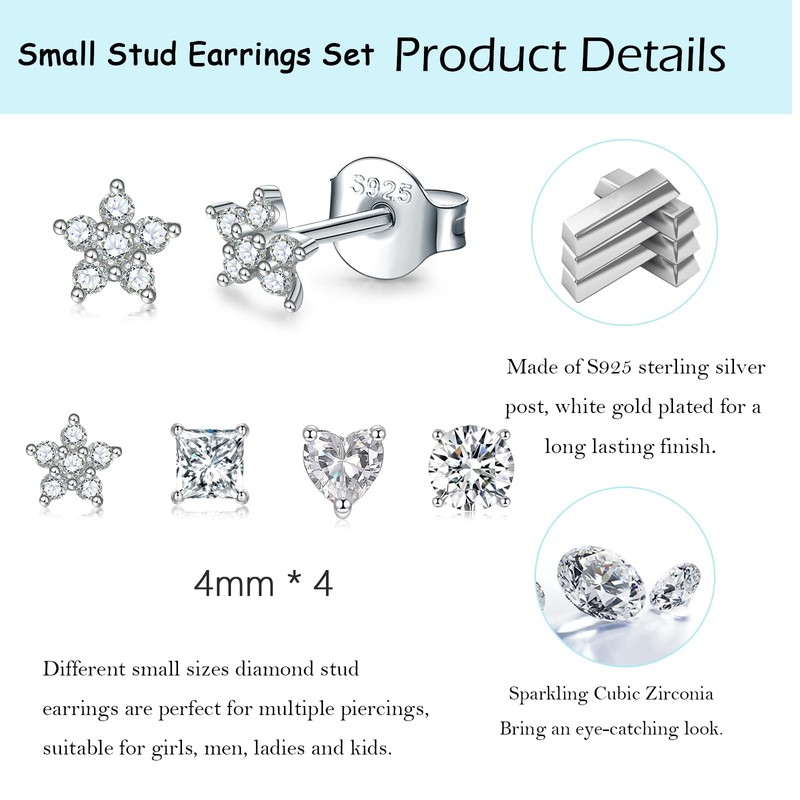 4 Pairs Sterling Silver Stud Earrings for Women Girls, Small