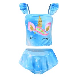 Akokvlar - Traje de baño de dos piezas para niñas pequeñas, Azul (Blue Unicorn), 4-5T