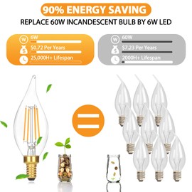 GoBright Dimmable LED Candelabra Bulbs 2700K Soft Warm White, 60W 630LM Candle Light Bulb with Vintage Flame Tip, 6W Clear Glass LED Bulbs for Chandelier, Pendant, 6-Pack