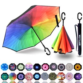 MRTLLOA 40/49/56 Inch Oversize Windproof Inverted Reverse Upside Down Umbrella, Golf Size Rain Umbrella, Double Layer, C-Shaped Handle for Men, Women and Kids (Rainbow, 49 Inch)