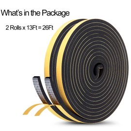 Multi-Purpose Weather Stripping Seal Strip - Strong Adhesive Foam Tape for Doors and Windows, Weatherproof, Soundproof, Gap Filler, Easy-to-Cut Insulation Tape 2 Rolls x 13Ft, 1/2" x 1/4"