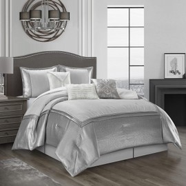 Grand Avenue White/Grey Queen Comforter Sets, 7 Piece Silver Bedding Set, Pillow Sham, Bedskirt, Decorative Pillow, Home Decor
