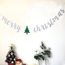 StarsGarden Silver Glitter Merry Christmas Banner- Christmas Holiday Bunting Garlands- Festive Party Decor/Winter Mantle Home Decor/Xmas Party Decoration Supplies(Silver and Green)