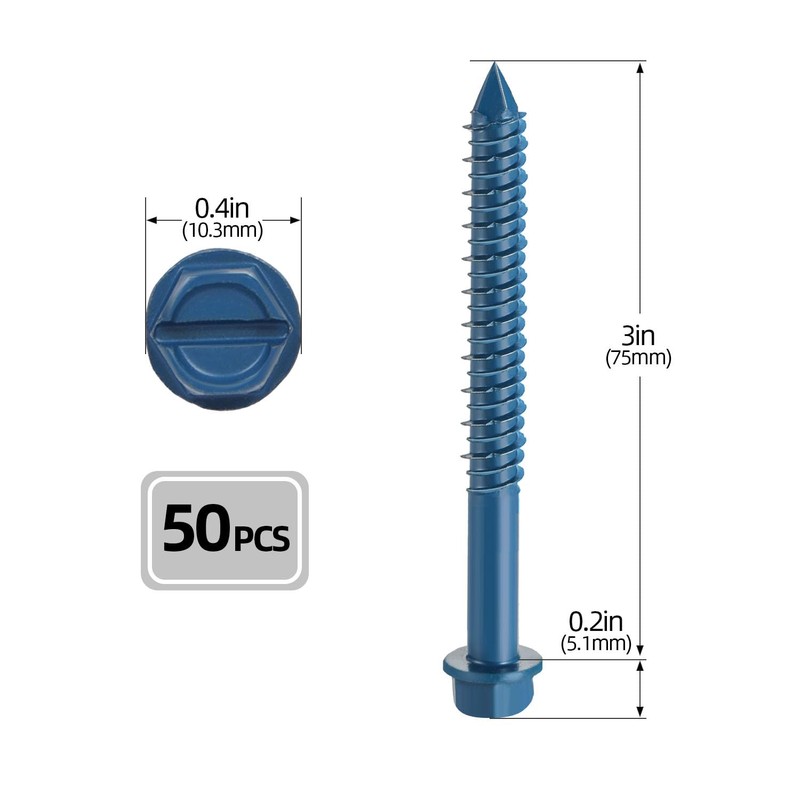 1/4" x 3" Concrete Screws, 50 PCS Blue Hex Washer