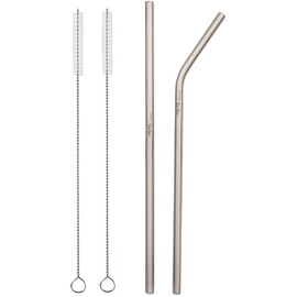 TiTo Titanium Reusable Straws Set of 2 Metal Lightweight Strong Drinking Straws with Cleaning Brushes Portable Bent and Straight Straws Flatware Dishwasher Safe (1 Straight & 1 Bent, 6x215MM)