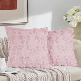 2 Pack Pillow Covers with Bows 18x18 Coquette Room Decor Cute Soft Plush Faux Fur Throw Pillow Covers for Bed Sofa Couch (Light Pink)