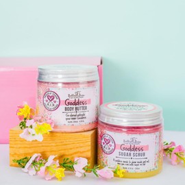 Bella & Bear Body Scrub & Body Butter Set – Goddess Spa Gift Set for Women – Vegan Self Care Bath Set, Mango Pineapple Coconut Scent