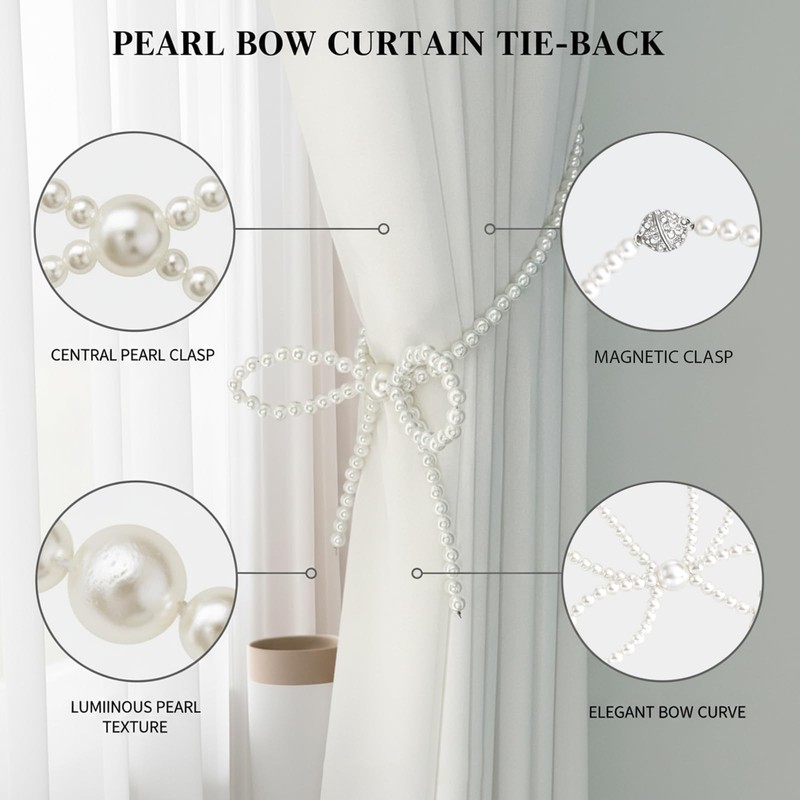 4 Set of Bow Curtain Tiebacks, Pearl Bow Curtain Holders,